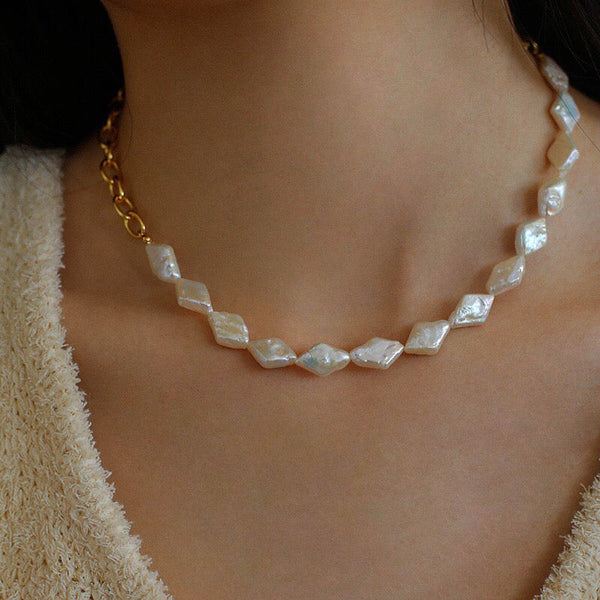 Rhombic Freshwater Baroque Pearl Gold Chain Necklace – Gold Plated