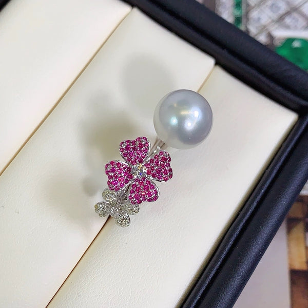 Pink Flower Motifs Pearl Open Ring - Sterling Silver