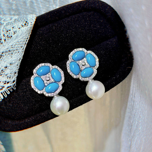 Floral Blue Turquoise Pearl Drop Earrings