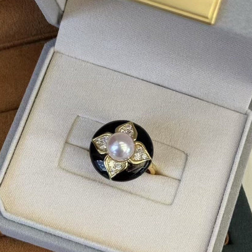 Vintage Black Floral Pearl Stud Earrings / Ring / Necklace – Sterling Silver / Gold Vermeil