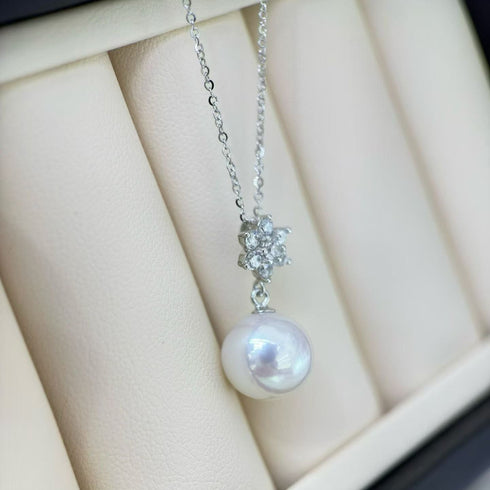 Snow Flower Diamond Pearl Drop Necklace – Sterling Silver