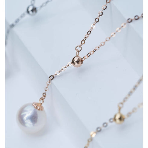 White Akoya Pearl Y-Shaped Pendant Gold Necklace - 18K Solid Gold