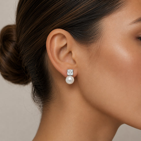 White Cube Pearl Stud Earrings
