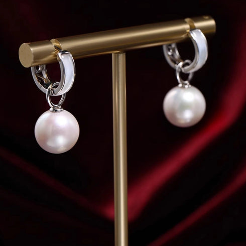 Mother of Pearl Shell Hoop Pearl Drop Earrings - Sterling Silver