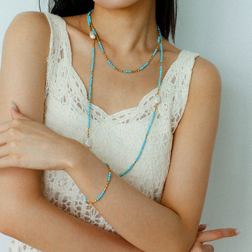 Turquoise Gold Beads Short Necklace / Bracelet - Coastal Elegance (Purchase Separately)