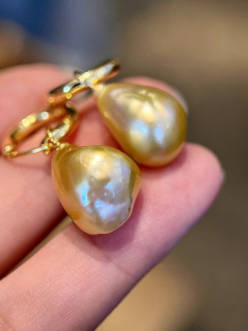 Golden South Sea Baroque Pearl Hoop Earrings