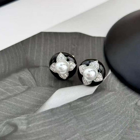 Vintage Black Floral Pearl Stud Earrings / Ring / Necklace – Sterling Silver / Gold Vermeil