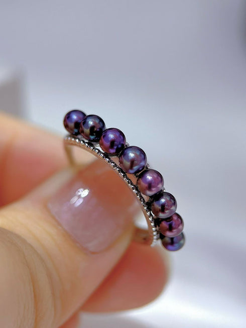 Purple Freshwater Pearl Beaded Open Ring - Sterling Silver