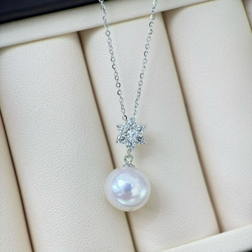 Snow Flower Diamond Pearl Drop Necklace – Sterling Silver