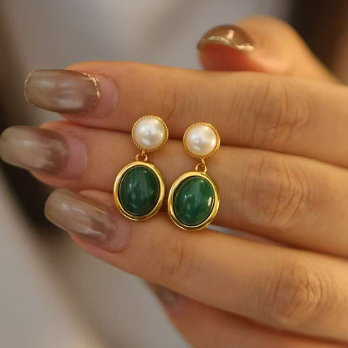 Oval Malachite Bezel Pearl Drop Earrings