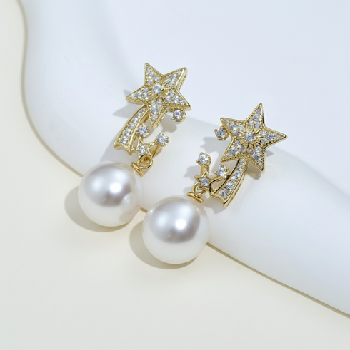Celestial White/ Gold Pearl Star Earrings – Gold Vermeil