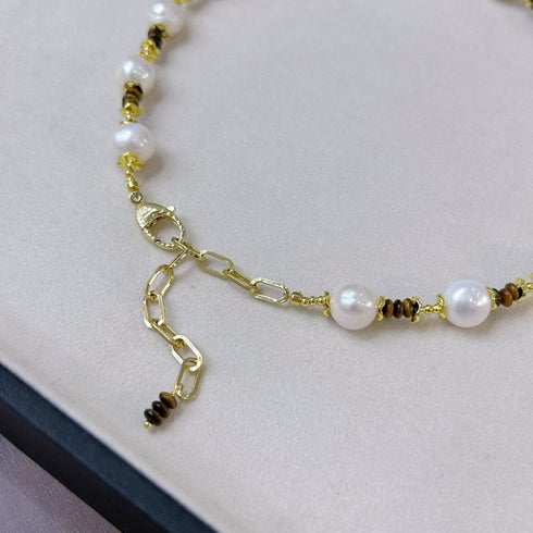 Brown Tiger Eye Gemstone Baroque Pearl Necklace