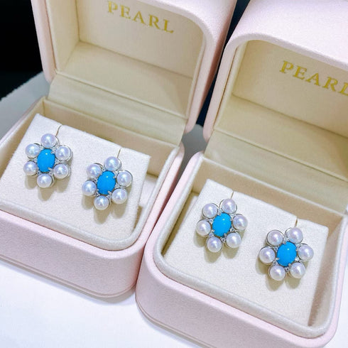 Floral Blue Turquoise Pearl Stud Earrings