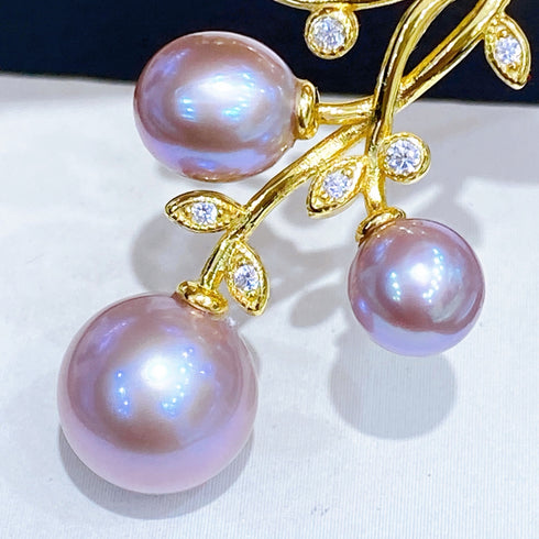 Floral Branch Purple Baroque Pearl Pendant - Gold Vermeil