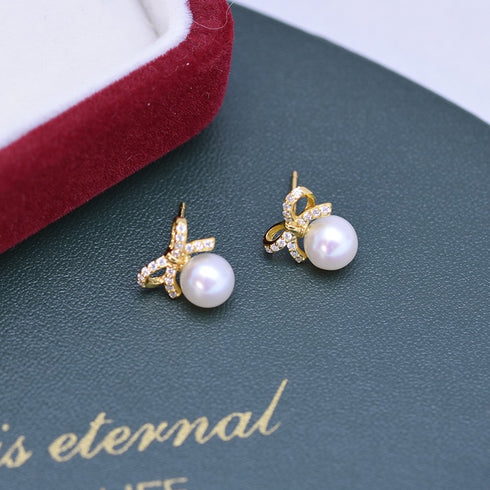 Gold Bow Pearl Stud Earrings – Gold Vermeil