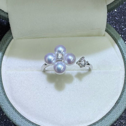 Dainty Floral Pearl Open Ring – Sterling Silver