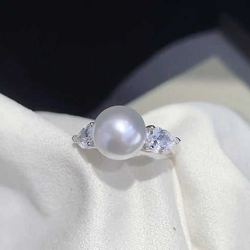 Marquise Diamond Pearl Open Ring – Sterling Silver