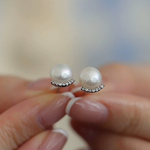 Zirconia Line Freshwater Pearl Stud Earrings