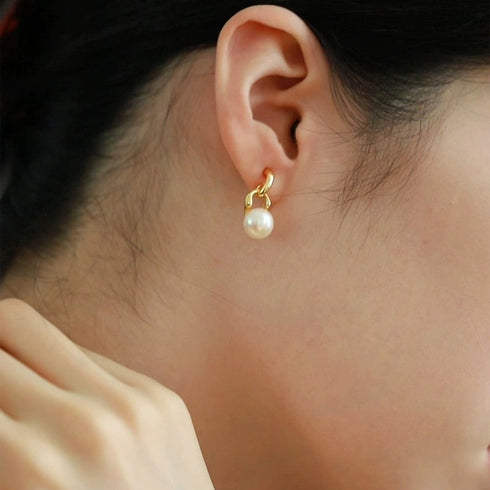 Gold Chain Freshwater Pearl Stud Earrings