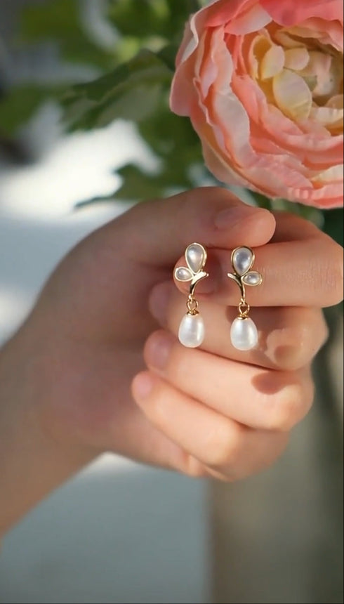 Flying Butterfly Drop Pearl Earrings - 18K Gold Vermeil