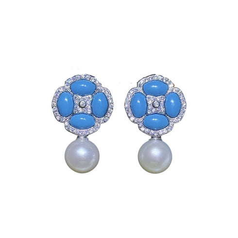 Floral Blue Turquoise Pearl Drop Earrings
