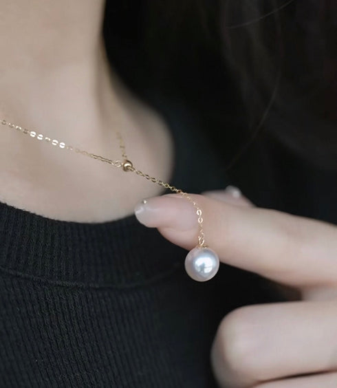 White Akoya Pearl Y-Shaped Pendant Gold Necklace - 18K Solid Gold