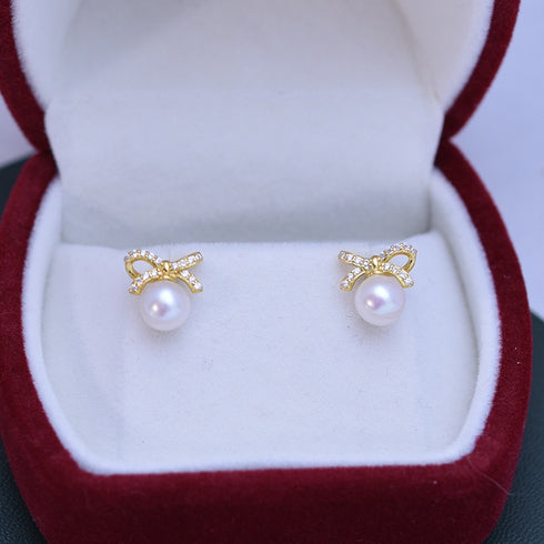 Gold Bow Pearl Stud Earrings – Gold Vermeil