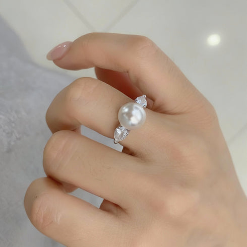 Marquise Diamond Pearl Open Ring – Sterling Silver