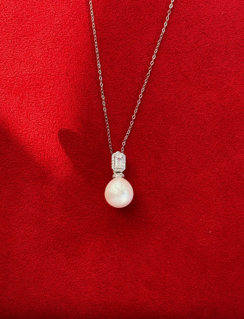 Rectangle Cubic Zirconia Pearl Pendant Necklace
