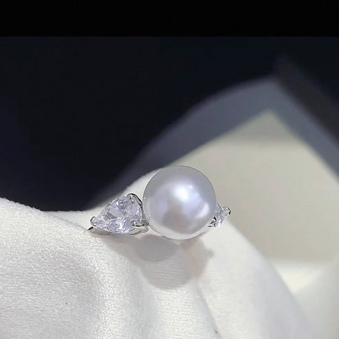 Marquise Diamond Pearl Open Ring – Sterling Silver