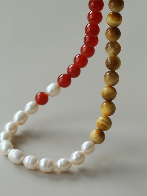 Baroque Pearl & Tiger Eye Stone Beaded Necklace - May-Lynn Studio Jewelry