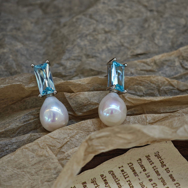 Blue Crystal Rectangle Baroque Pearl Stud Earrings