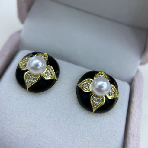 Vintage Black Floral Pearl Stud Earrings / Ring / Necklace – Sterling Silver / Gold Vermeil