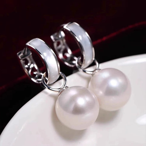 Mother of Pearl Shell Hoop Pearl Drop Earrings - Sterling Silver