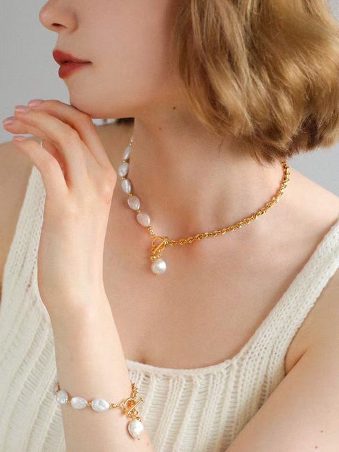 Baroque Pearl Gold Chain Toggle Clasp Necklace & Bracelet