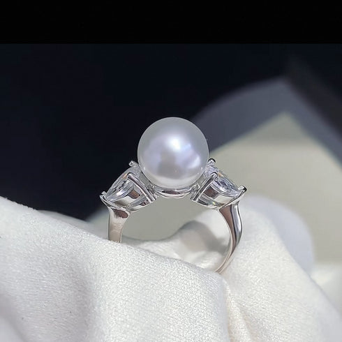 Marquise Diamond Pearl Open Ring – Sterling Silver