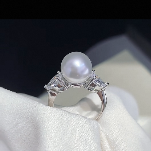 Marquise Diamond Pearl Open Ring – Sterling Silver