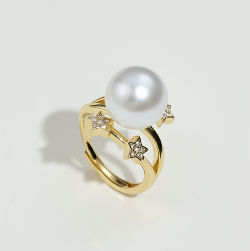 Twinkling Star White/ Gold Pearl Open Ring - Gold Vermeil