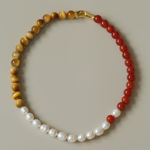 Baroque Pearl & Tiger Eye Stone Beaded Necklace - May-Lynn Studio Jewelry