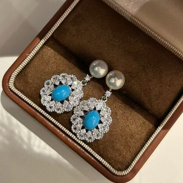 Elegant Oval Zirconia Blue Turquoise Pearl Earrings