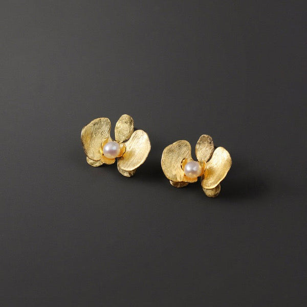 Butterfly Orchid Pearl Stud Earrings - Sterling Silver / Gold Vermeil