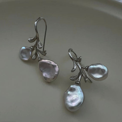 Petal Baroque Pearl Flower Hook Earrings - Sterling Silver