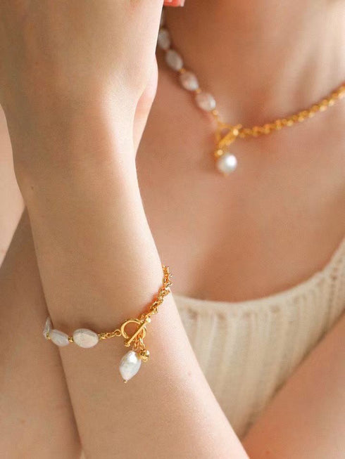 Baroque Pearl Gold Chain Toggle Clasp Necklace & Bracelet