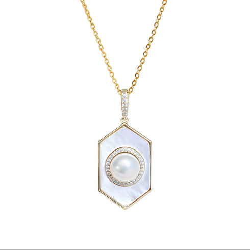 Rhombus Mother of Pearl Necklace with Pearl & Zirconia
