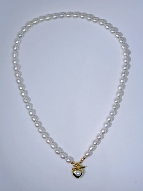 Heart Lock Rice Pearl Collar Necklace