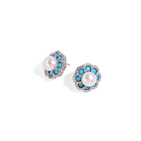 Flower Turquoise Pearl Stud Earrings