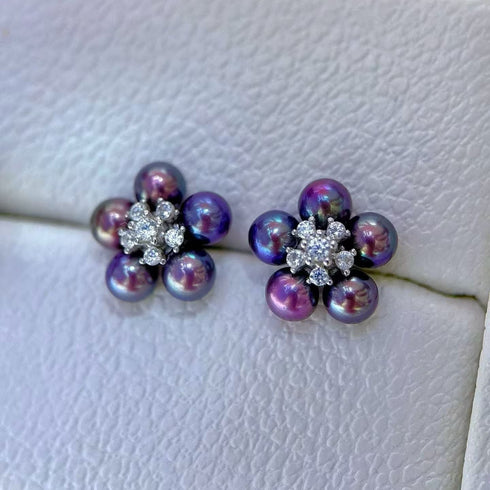 Purple Freshwater Pearl Flower Stud Earrings - Sterling Silver