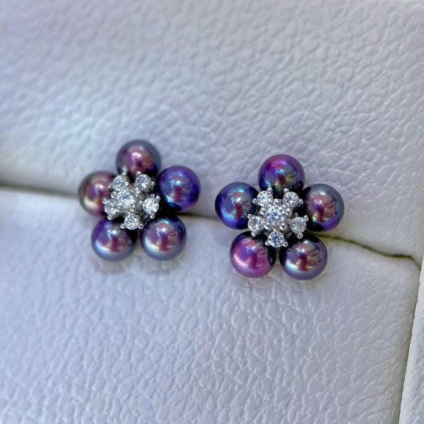 Purple Freshwater Pearl Flower Stud Earrings - Sterling Silver