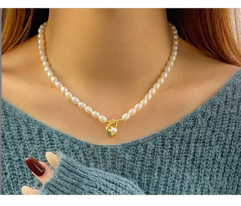 Heart Lock Rice Pearl Collar Necklace