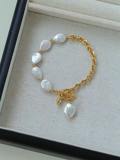 Baroque Pearl Gold Chain Toggle Clasp Necklace & Bracelet